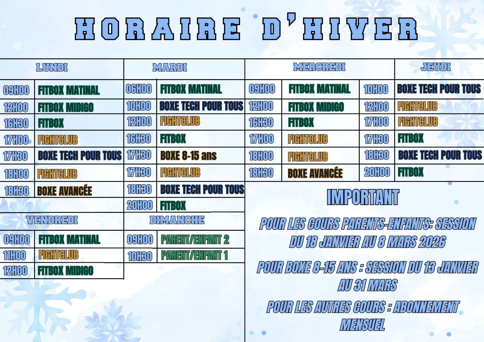 Horaire d'hiver 2026 - Dynamik Saguenay