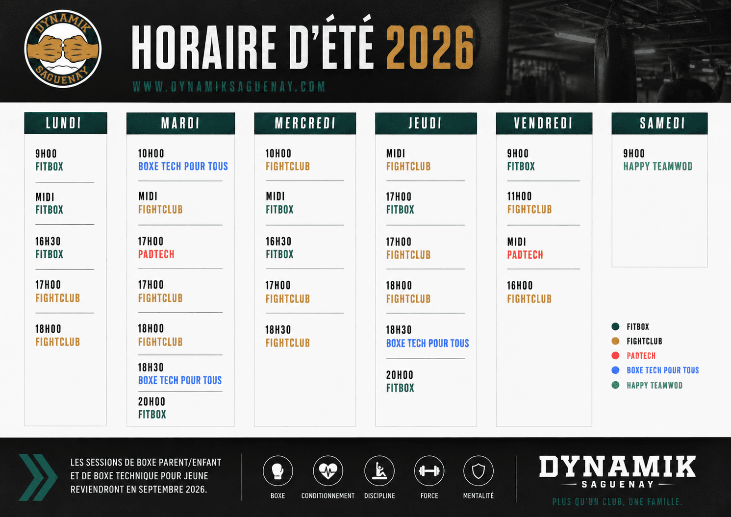 Horaire d'été 2026 - Dynamik Saguenay